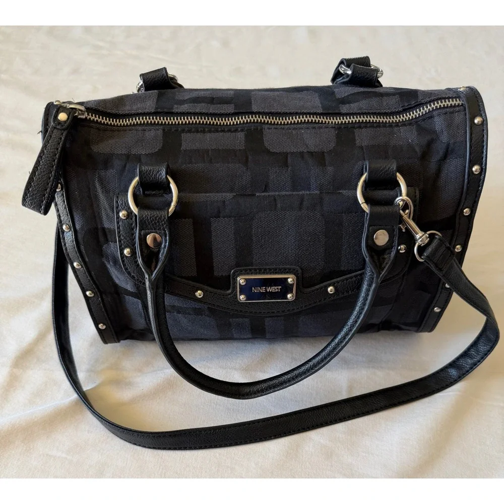 Nine West Black Jacquard Satchel Studded Crossbody Handbag Geometric Print Bag